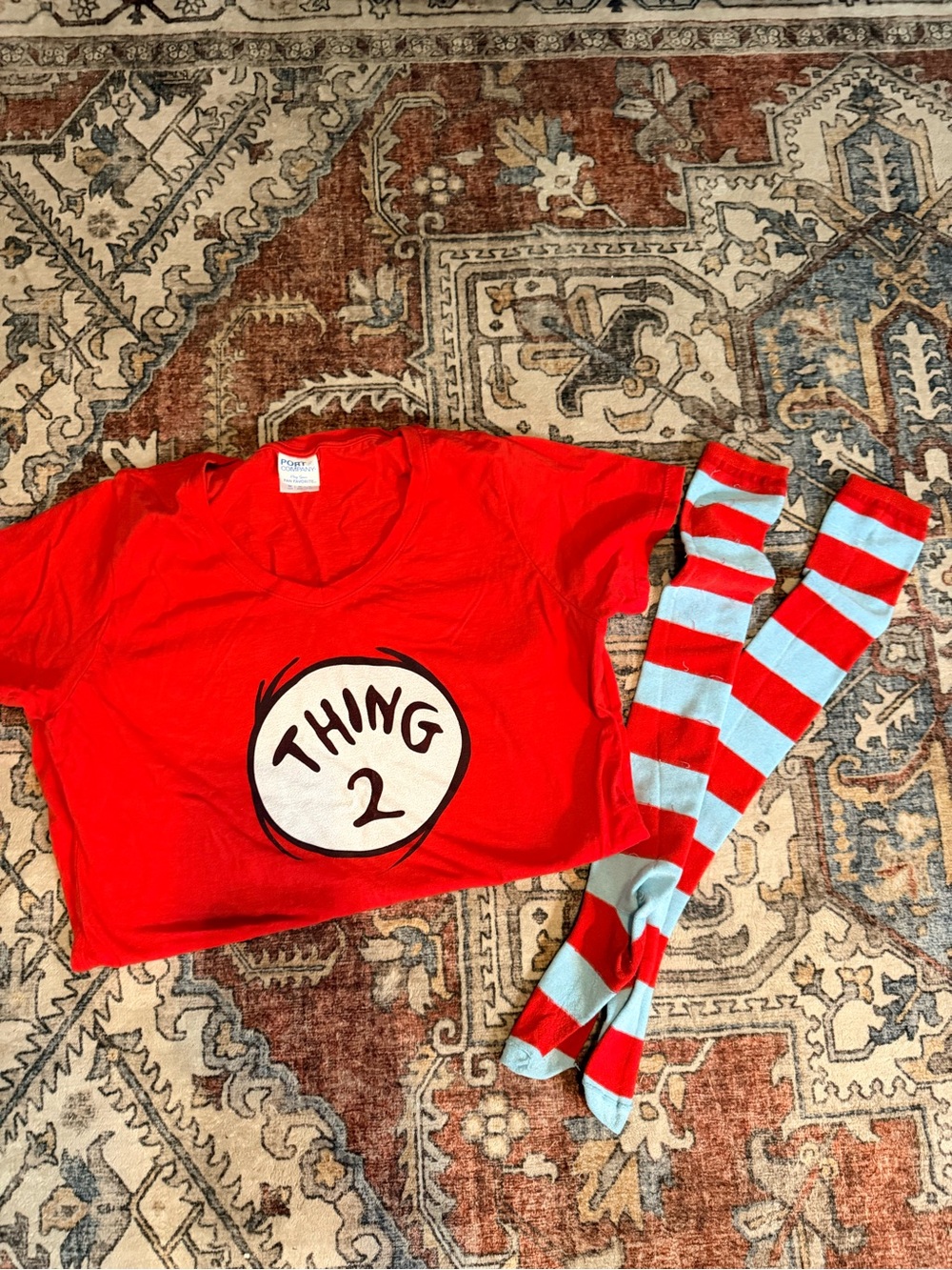 Adult "Thing 2" Red Shirt with Blue & Red Striped Socks